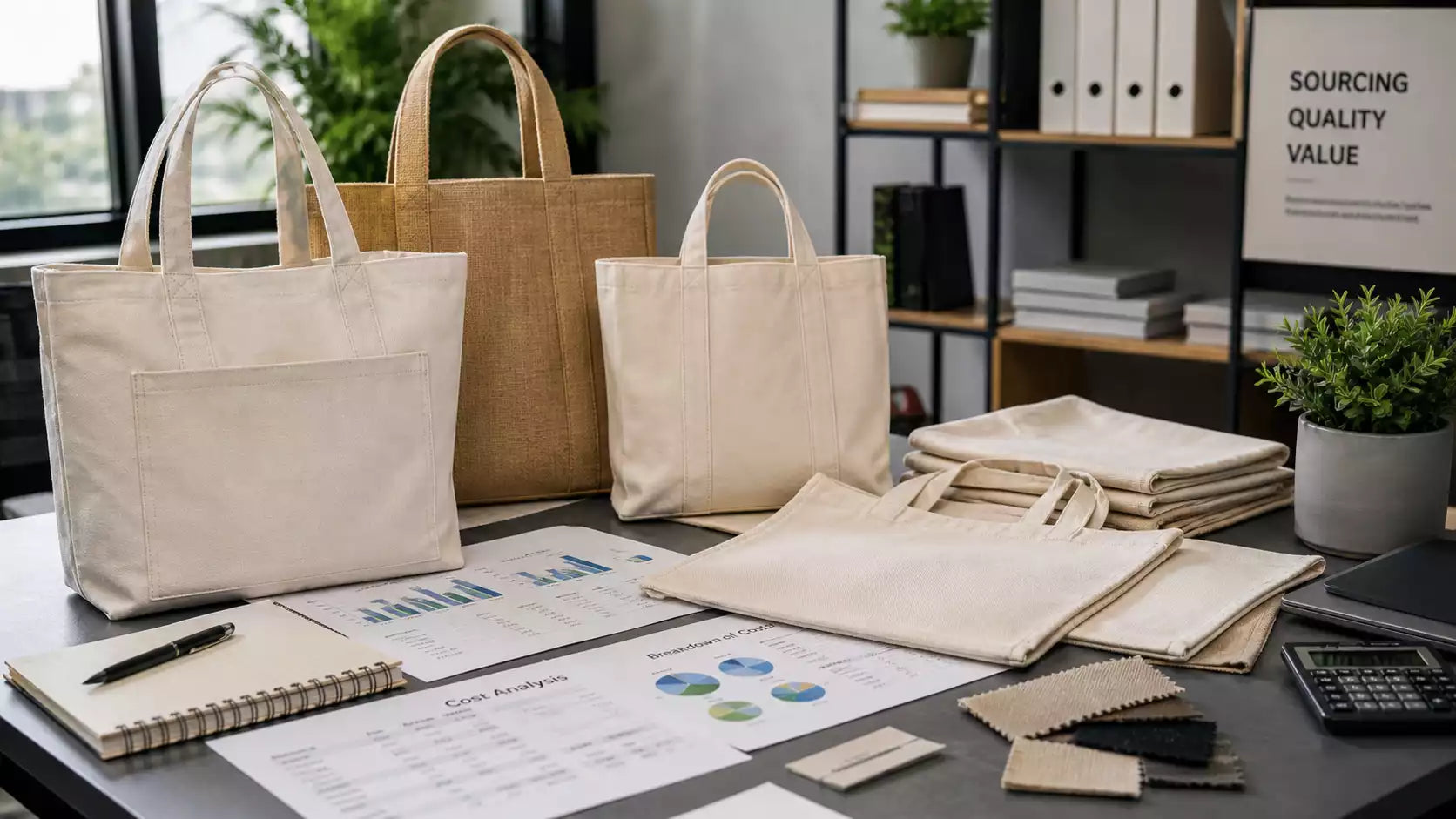 A professional setup showing bulk custom tote bags next to financial charts and sourcing documents.
