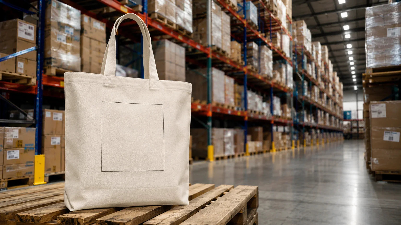 Massive wholesale logistics and economies of scale for bulk custom tote bags.