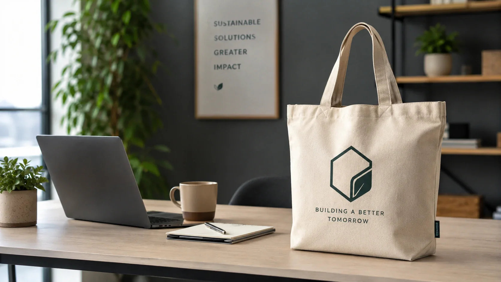 A custom printed recycled tote bag displayed on a modern office desk representing sustainable business practices.