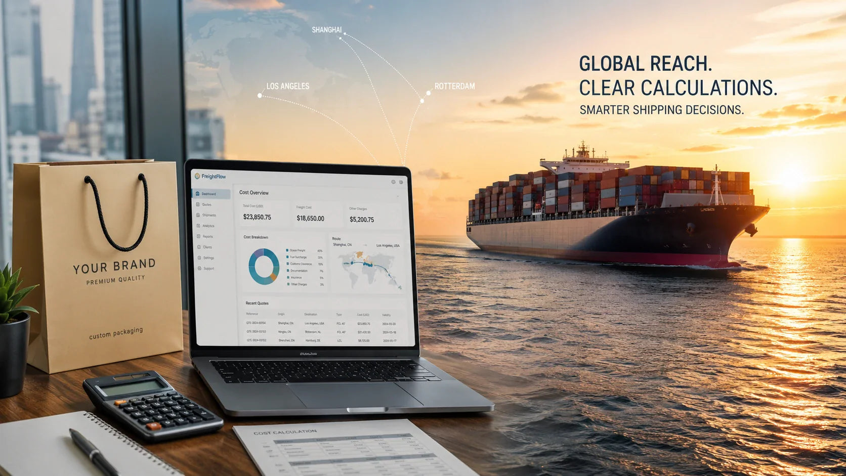 A B2B buyer calculating shipping costs for bulk custom shopping bags on a laptop with a cargo ship in the background.