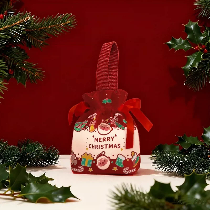 Red Merry Christmas soft-fabric drawstring gift pouch with a visible top loop