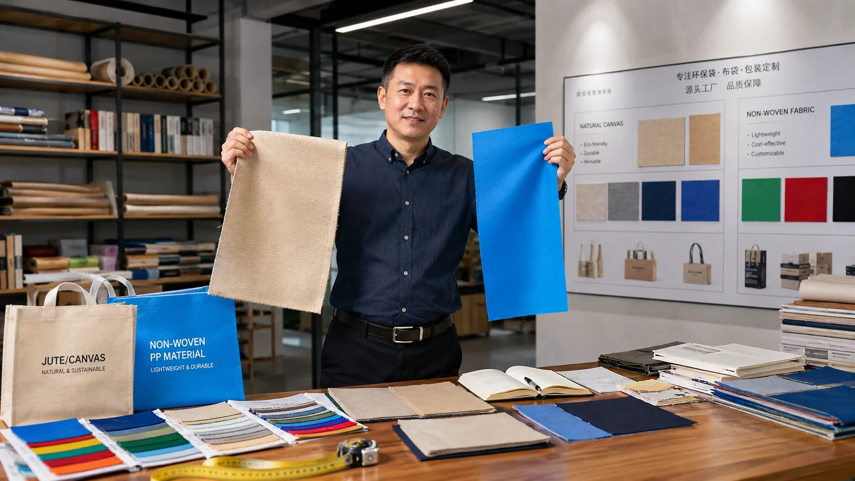 A Chinese textile expert at Tote Bag Factory comparing canvas and non-woven materials for custom reusable bags.