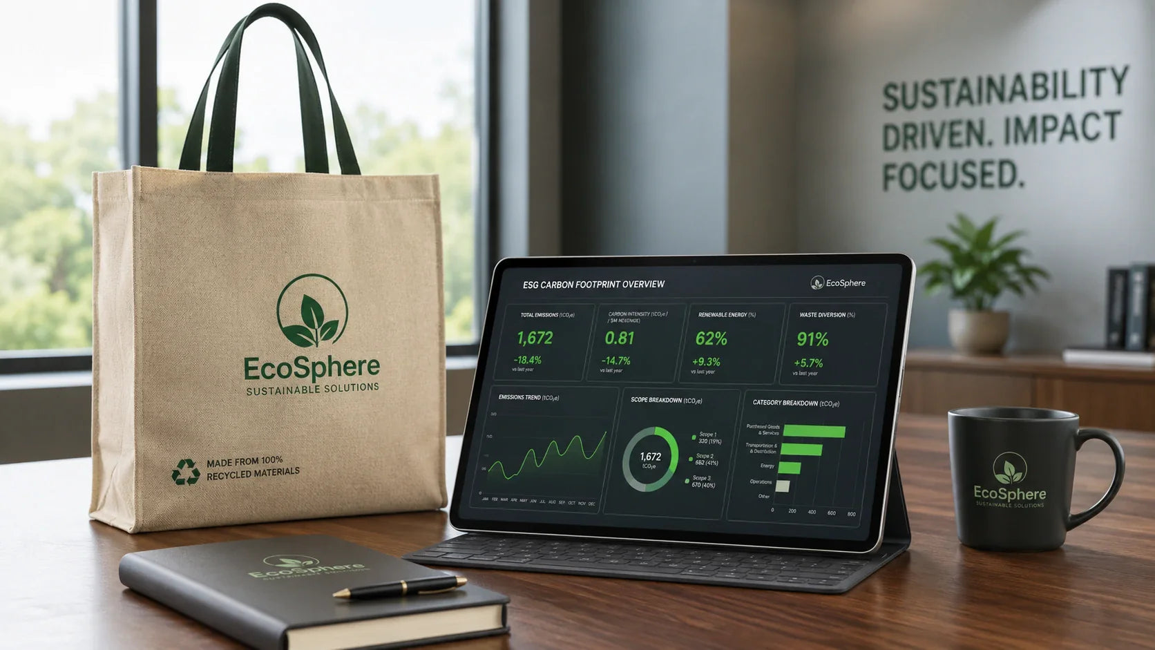 A digital tablet showing carbon footprint data next to a premium custom recycled tote bag.