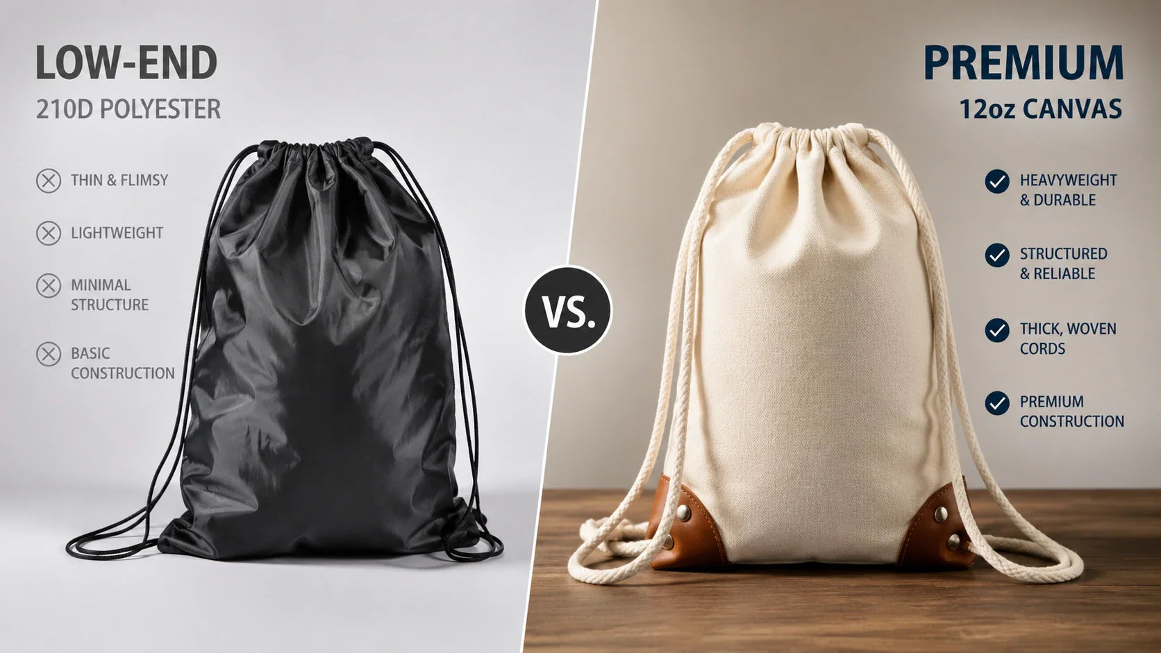 Side by side comparison of cheap custom drawstring bags versus premium heavyweight bags.