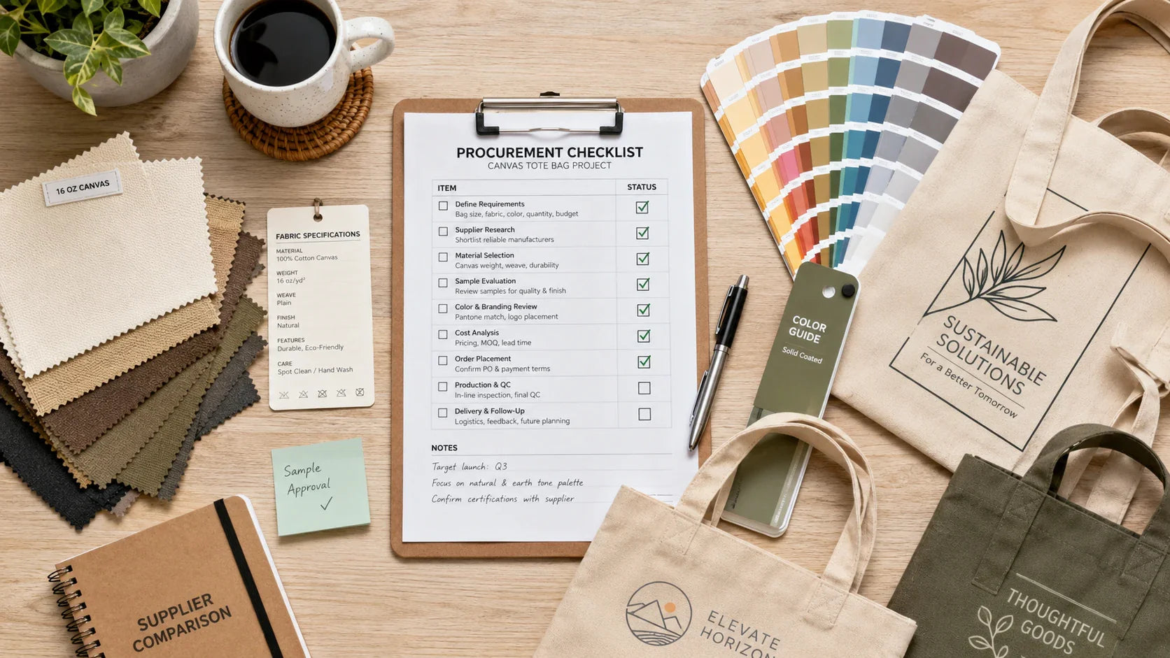 A B2B checklist and fabric swatches for ordering custom printed tote bags