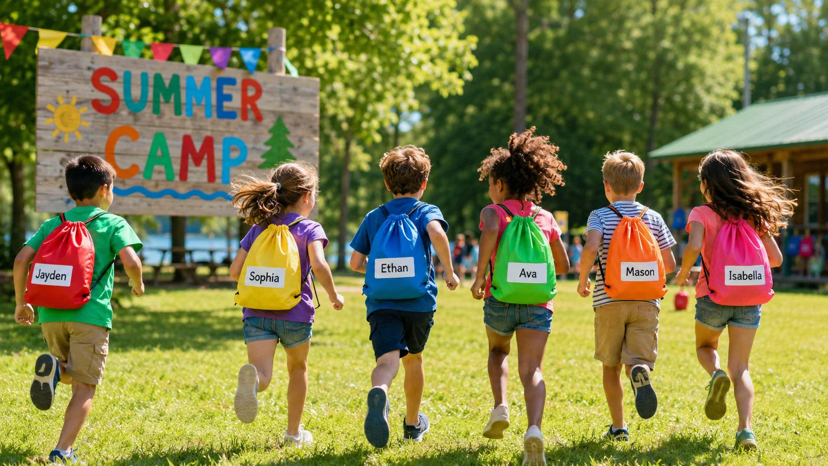 Happy kids at summer camp wearing brightly colored childrens personalised drawstring bags.