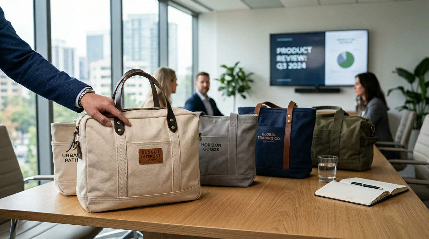 A professional business team reviewing different styles of custom canvas tote bags for their corporate marketing strategy.