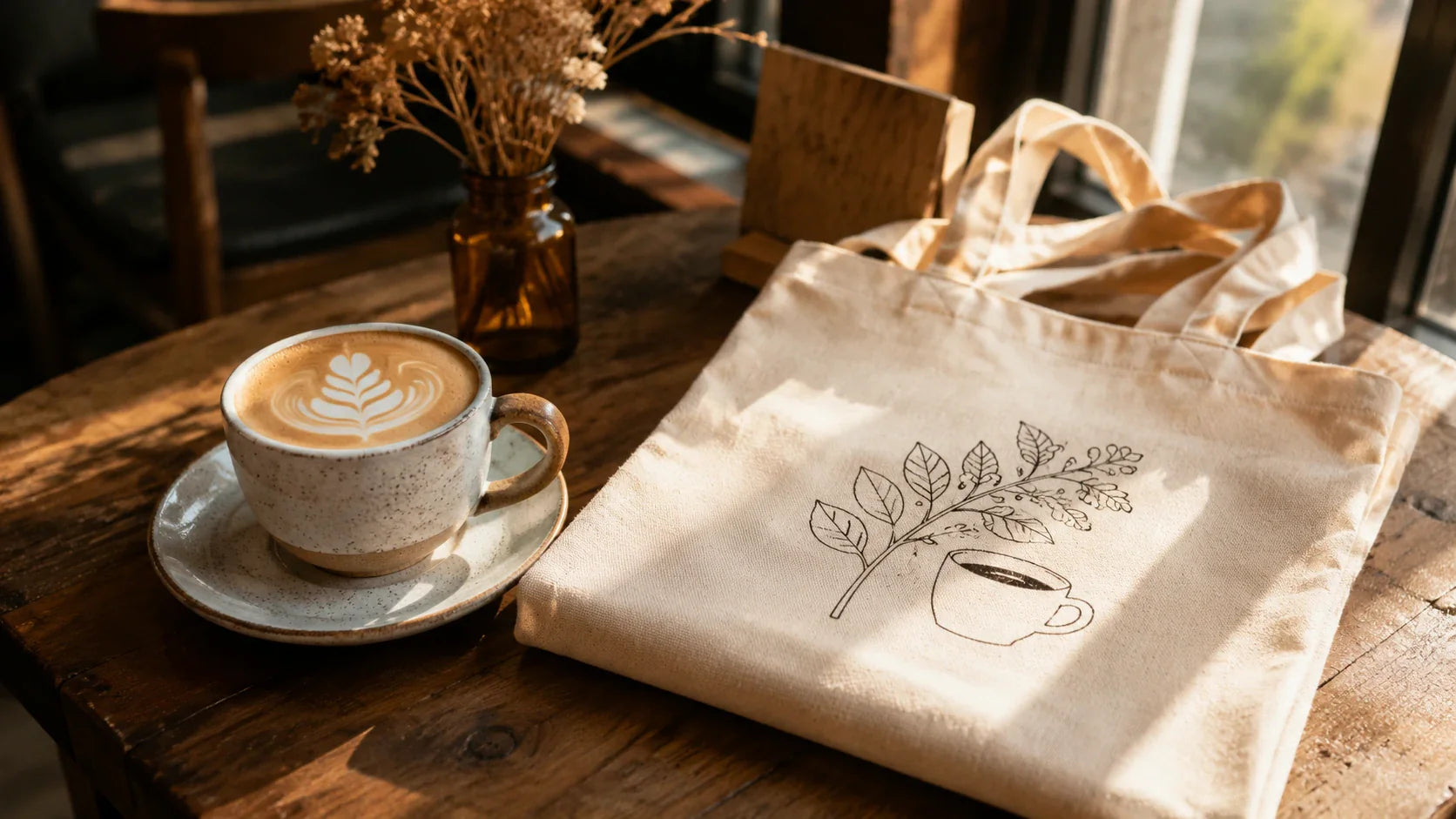 A stylish customer enjoying a latte next to beautifully designed custom printed cotton bags sold as cafe merchandise.