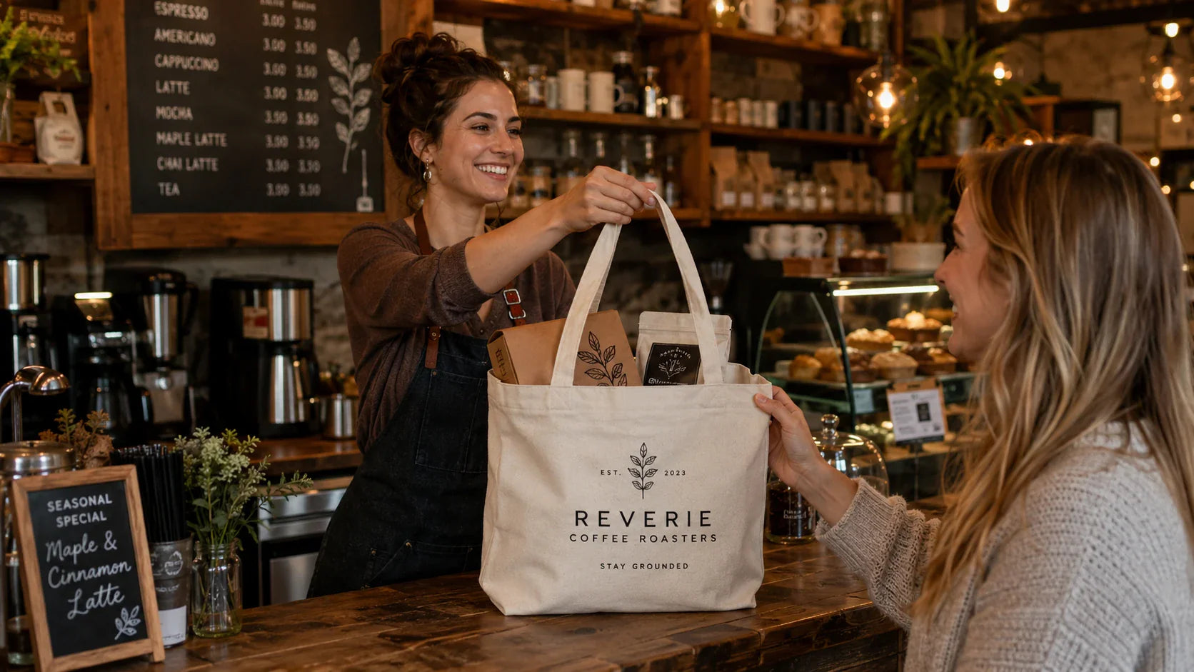 A customer buying a branded custom canvas tote bag at a cozy, rustic coffee shop counter.