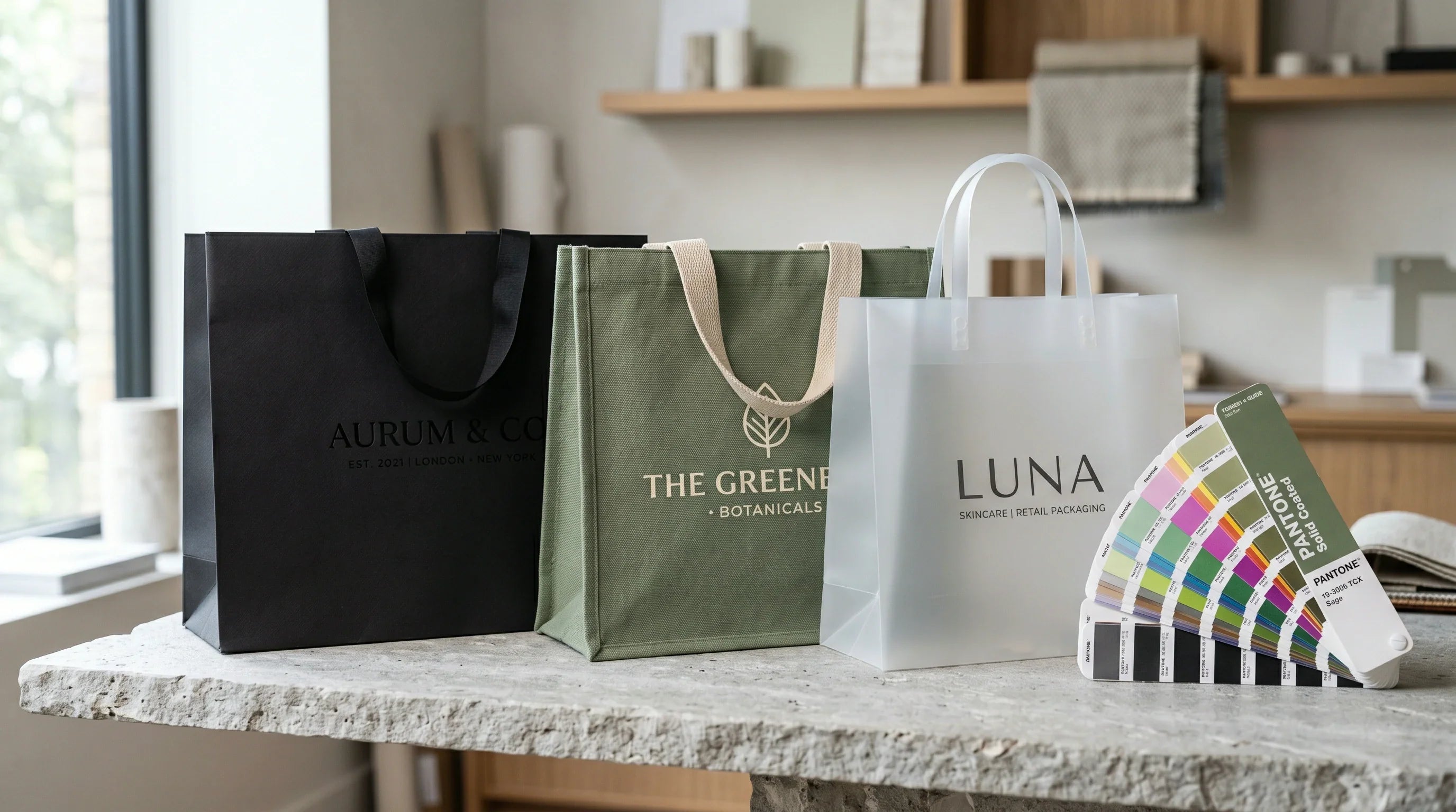 A visually stunning arrangement of printed shopping bags in various trending color palettes, demonstrating retail aesthetic.