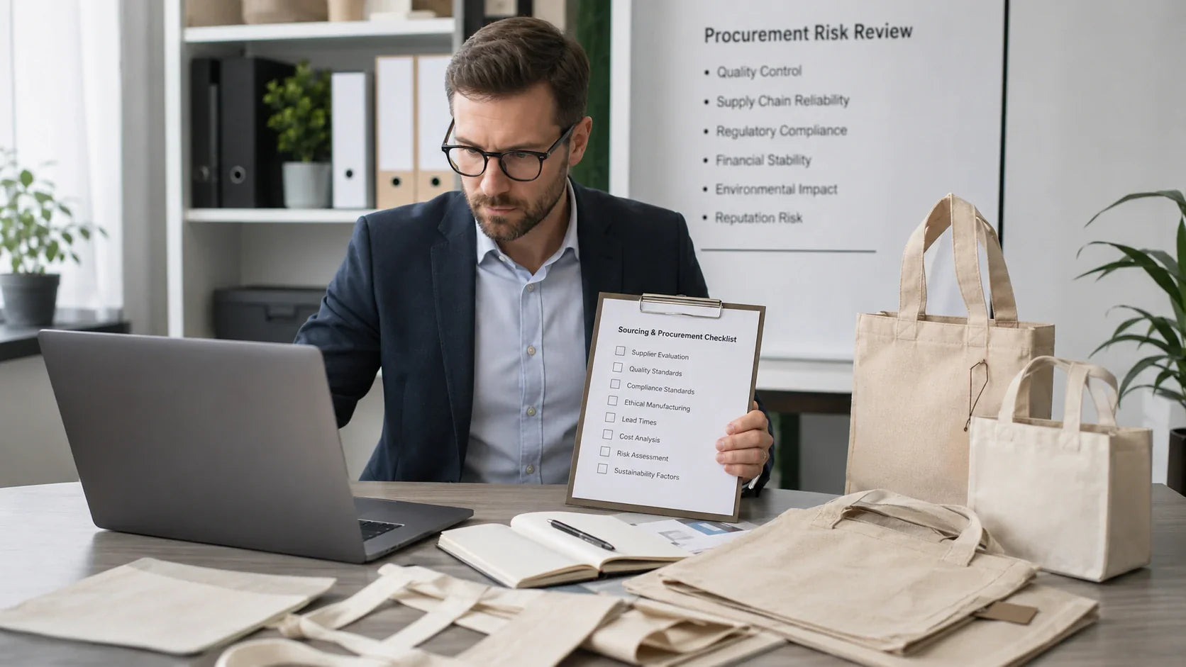 A professional B2B buyer reviewing a checklist to avoid mistakes when ordering custom tote bags bulk.