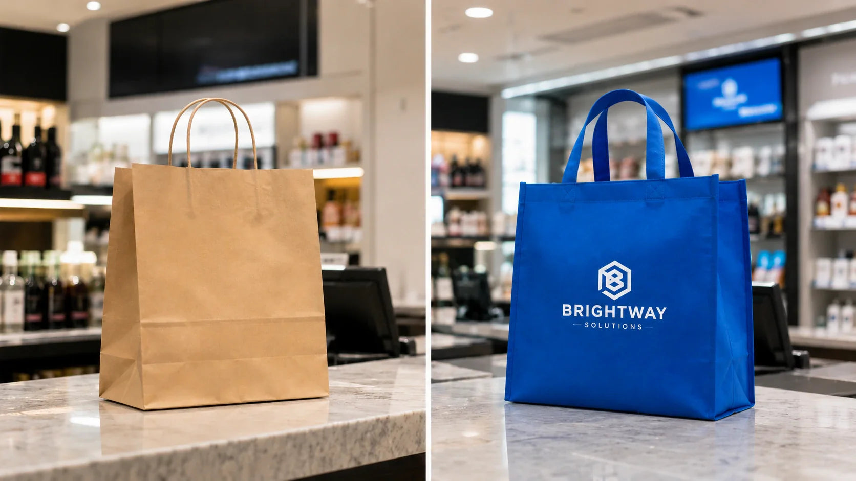 Retail checkout counter comparing standard paper bags with custom non woven tote bags.