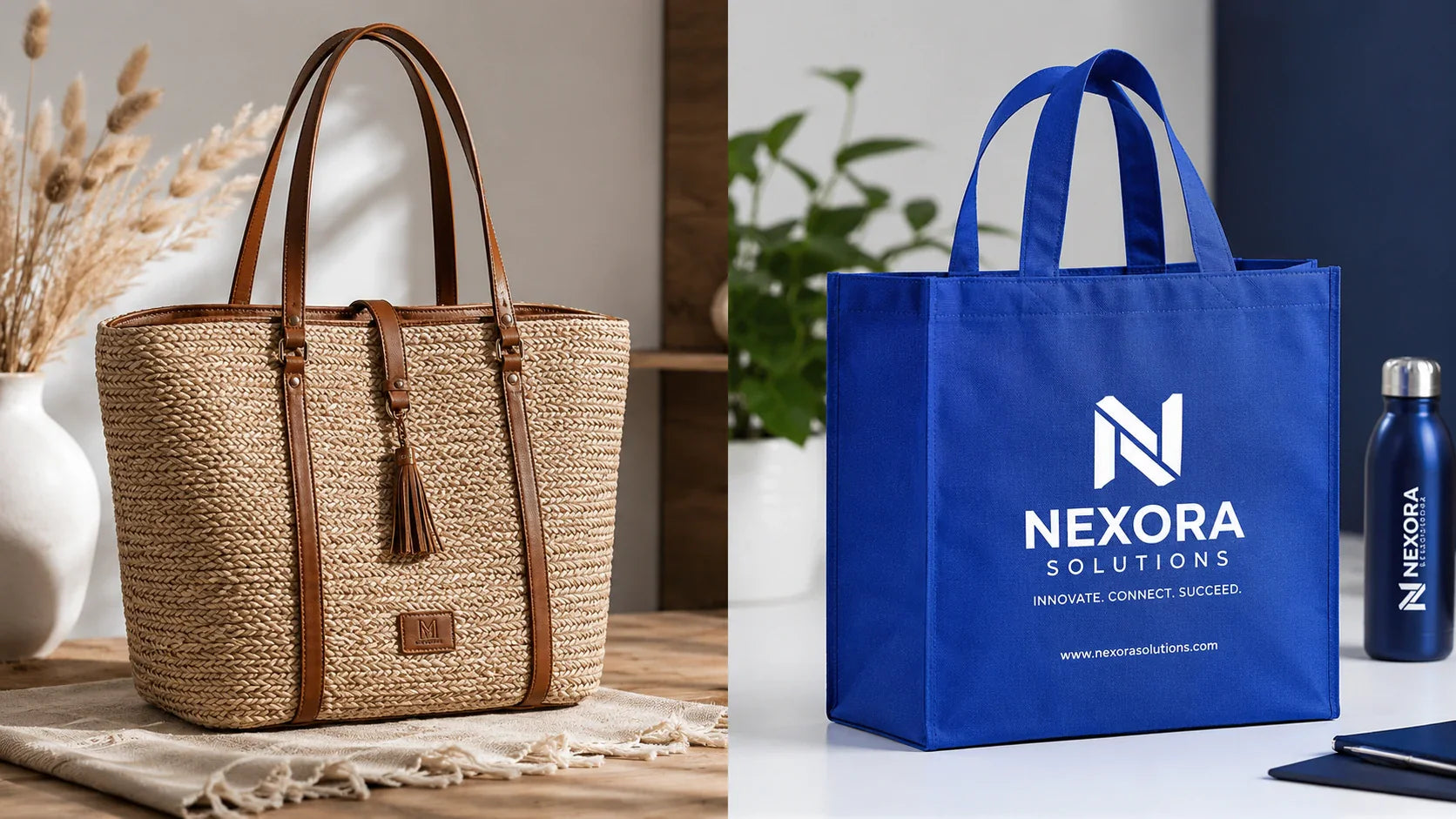 Comparing a luxury woven tote purse with B2B custom non woven tote bags.