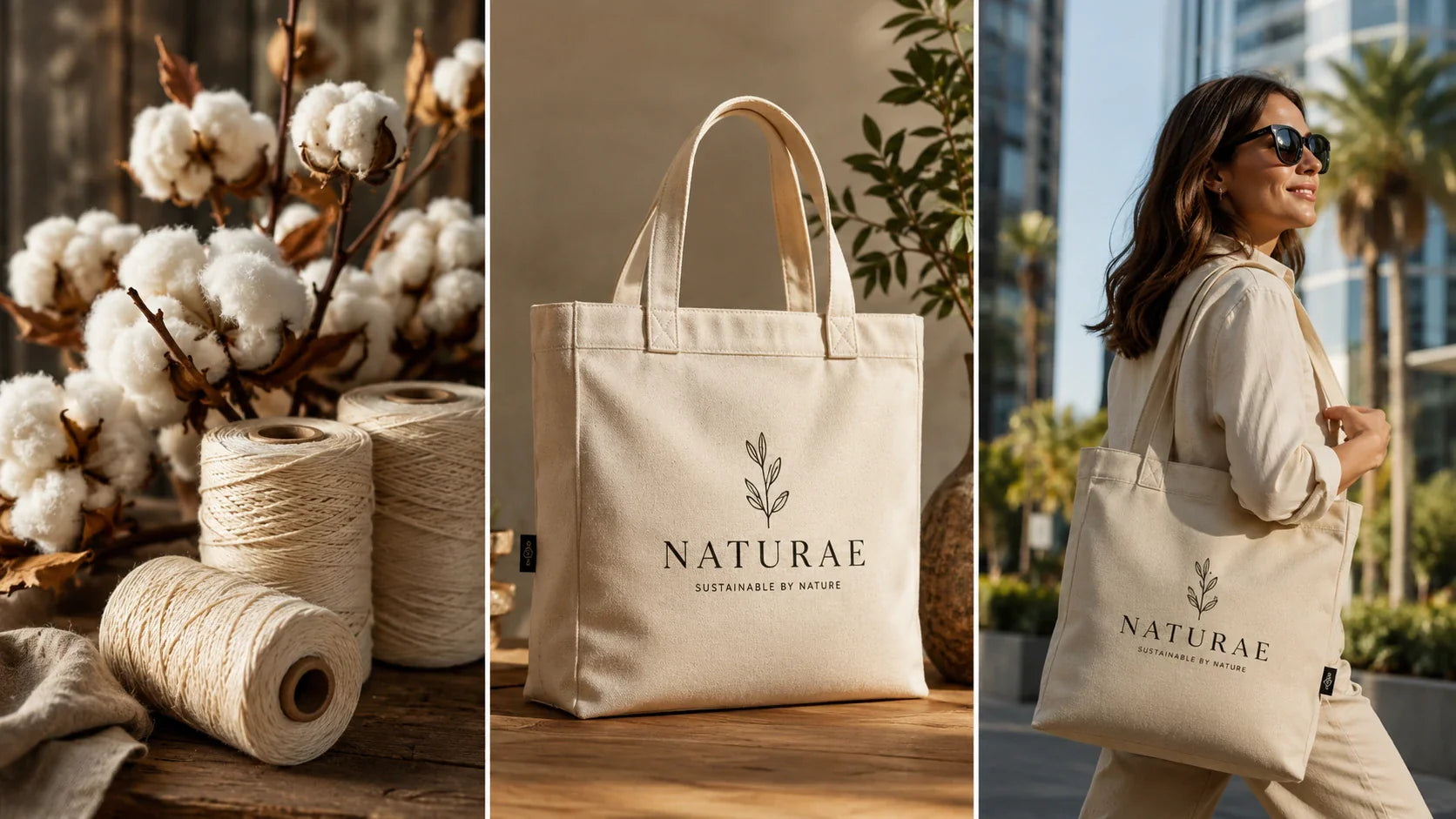 A conceptual image showing the lifecycle from raw cotton to a finished custom canvas tote bag used in a city.