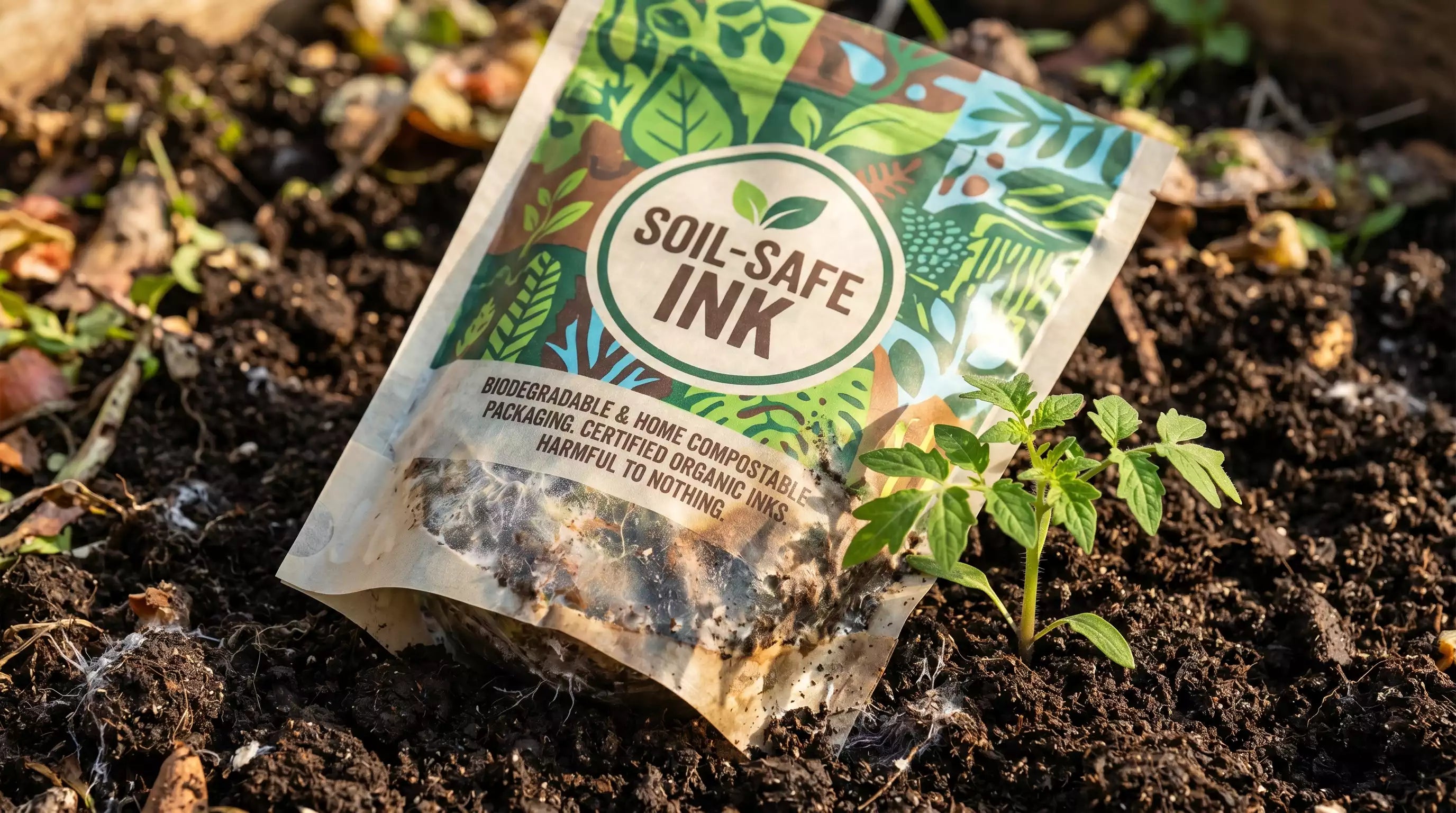 A printed Custom PLA Bag breaking down safely in a compost environment.