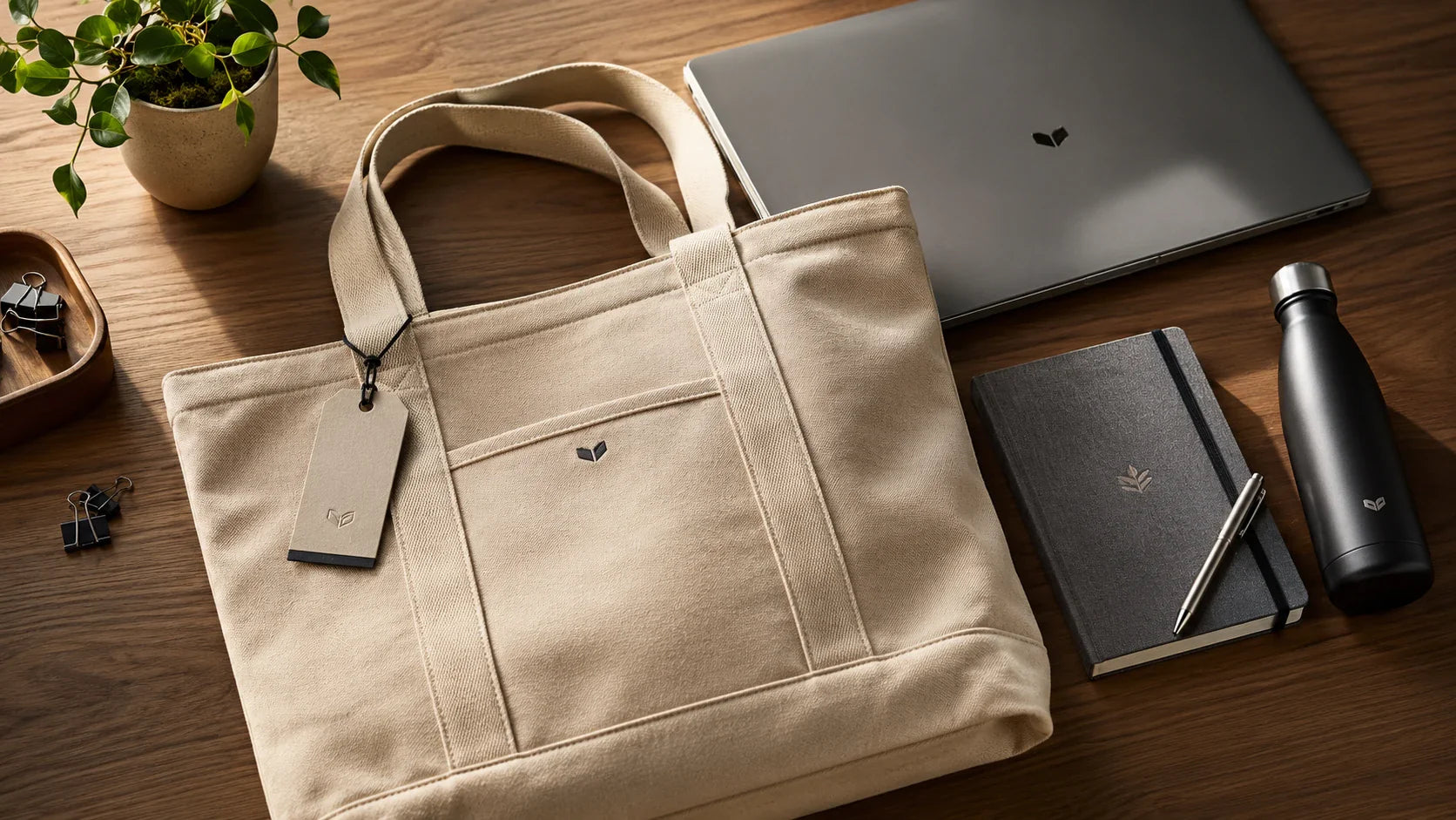 A beautifully arranged corporate employee welcome kit featuring a premium custom tote bag, laptop, and branded stationery.
