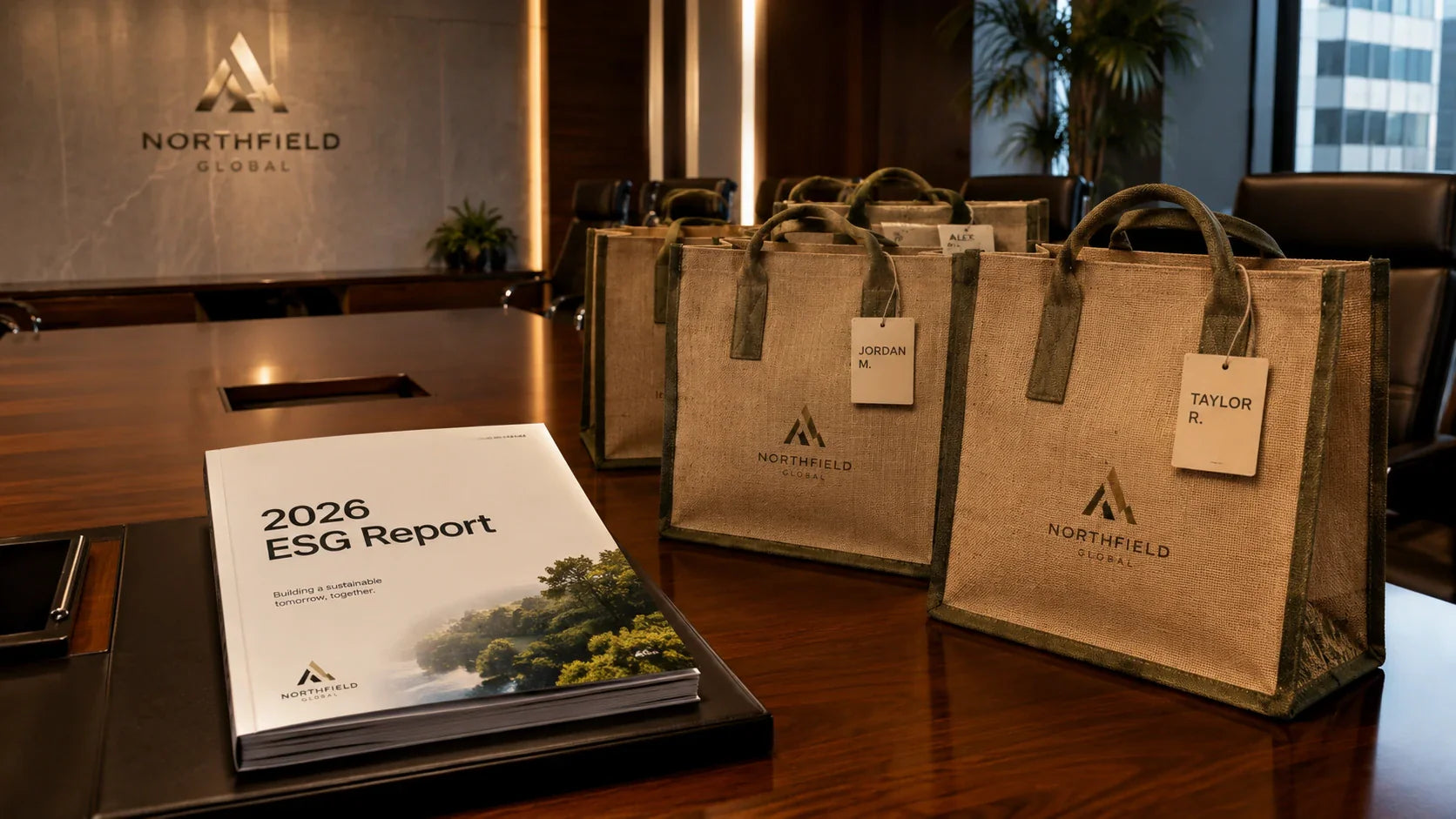 A 2026 Corporate ESG report displayed alongside premium personalized recycled tote bags in a boardroom.