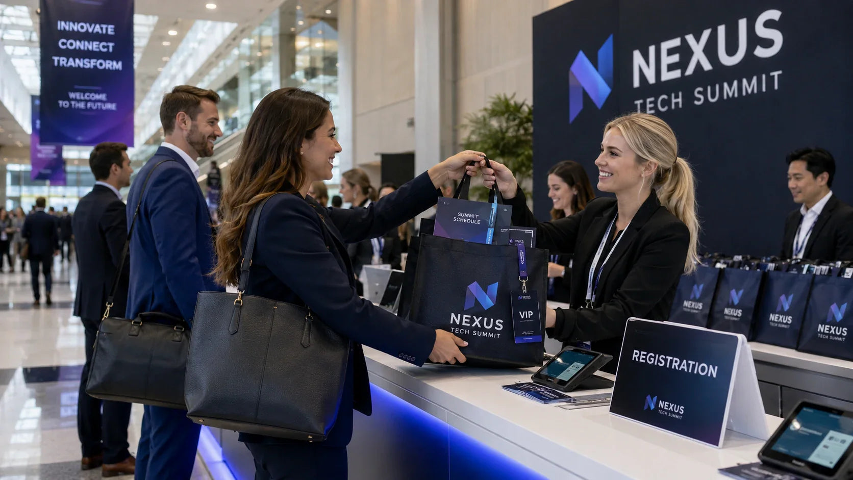 Professionals receiving branded non woven reusable bags at a corporate summit registration desk.
