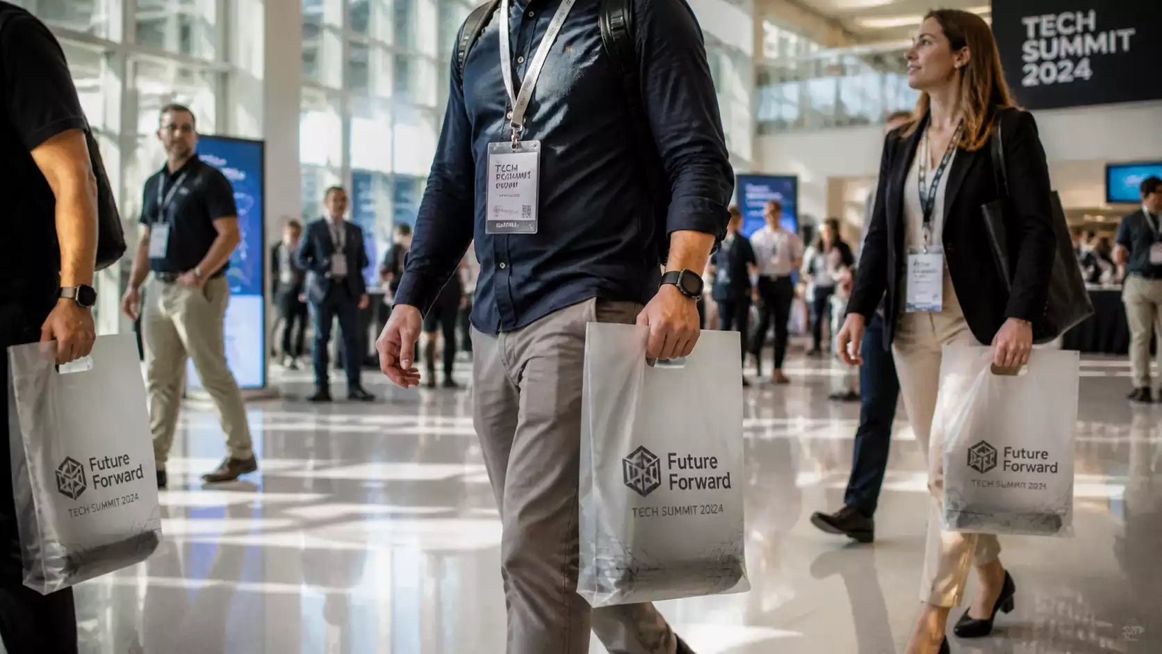 Attendees at a high-end corporate tech summit holding frosted Custom PLA Bags.