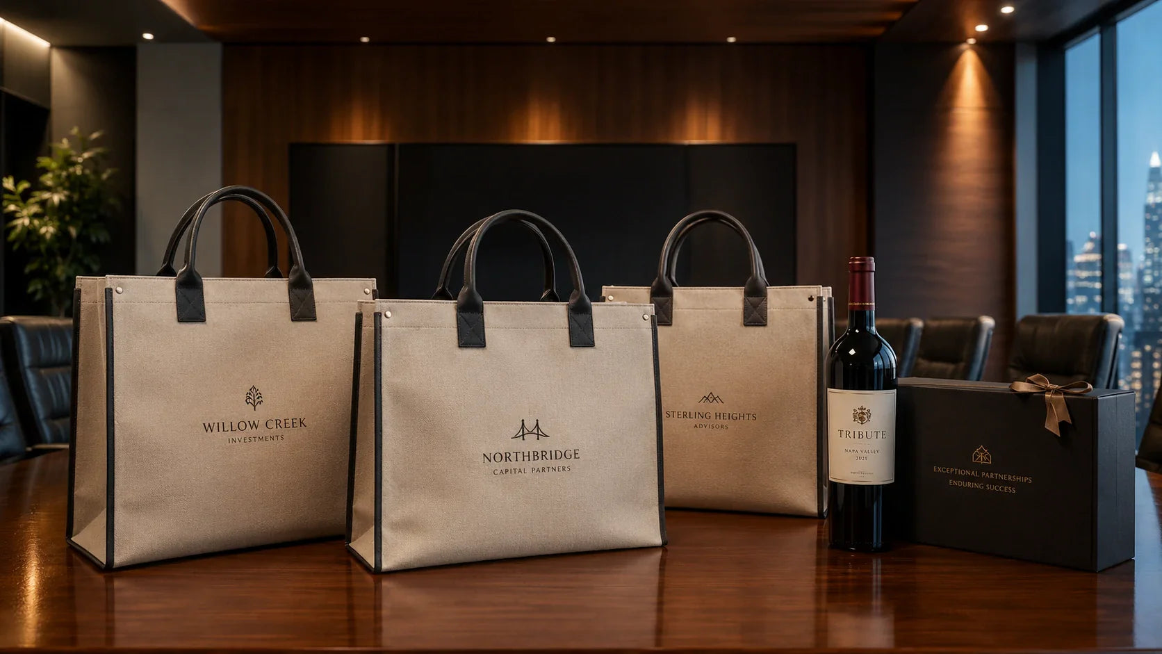 A stunning display of premium personalized shopping bags serving as high-end corporate gifts for employees and VIP clients.