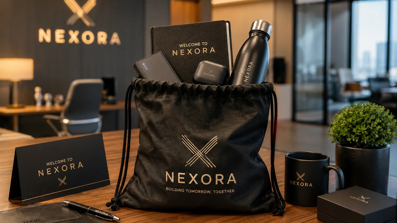 Premium corporate gifting welcome kit featuring high-quality custom printed cinch bags.
