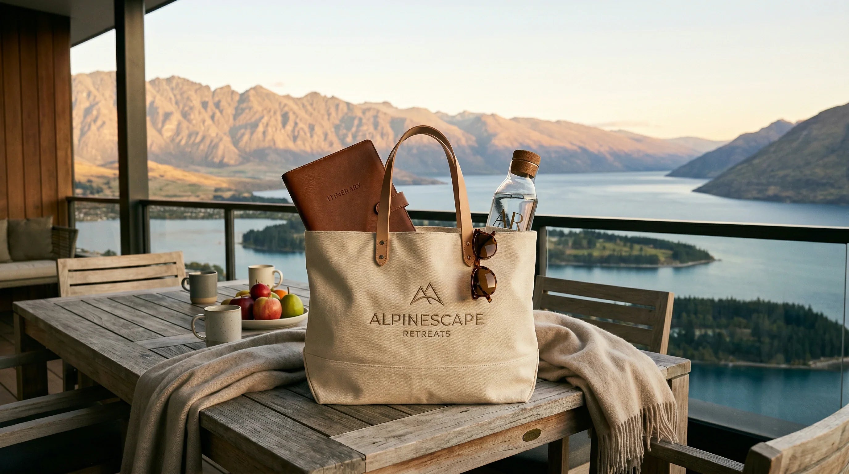 A luxurious corporate retreat destination featuring premium custom tote bags prepared as welcome gifts on a sunlit resort balcony.