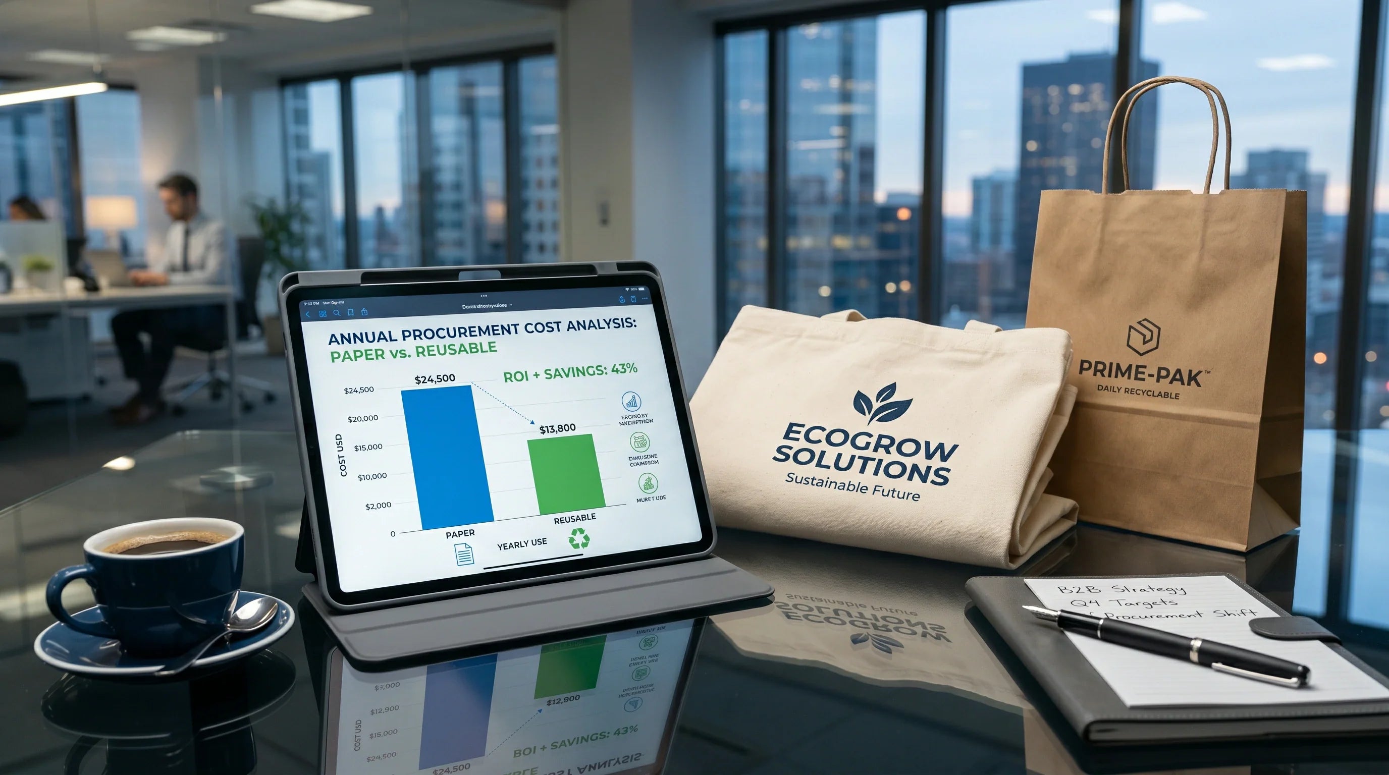 A business cost-benefit analysis comparing custom paper bags and reusable shopping bags on a financial desk.