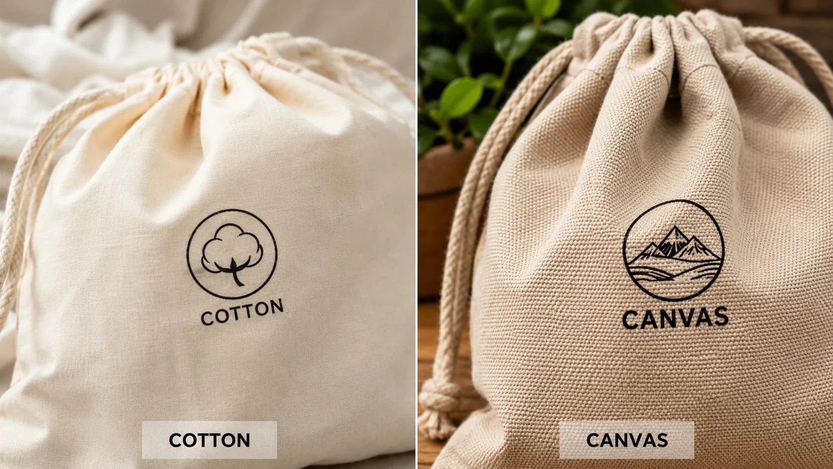 Macro texture comparison between cotton and canvas custom drawstring bags.