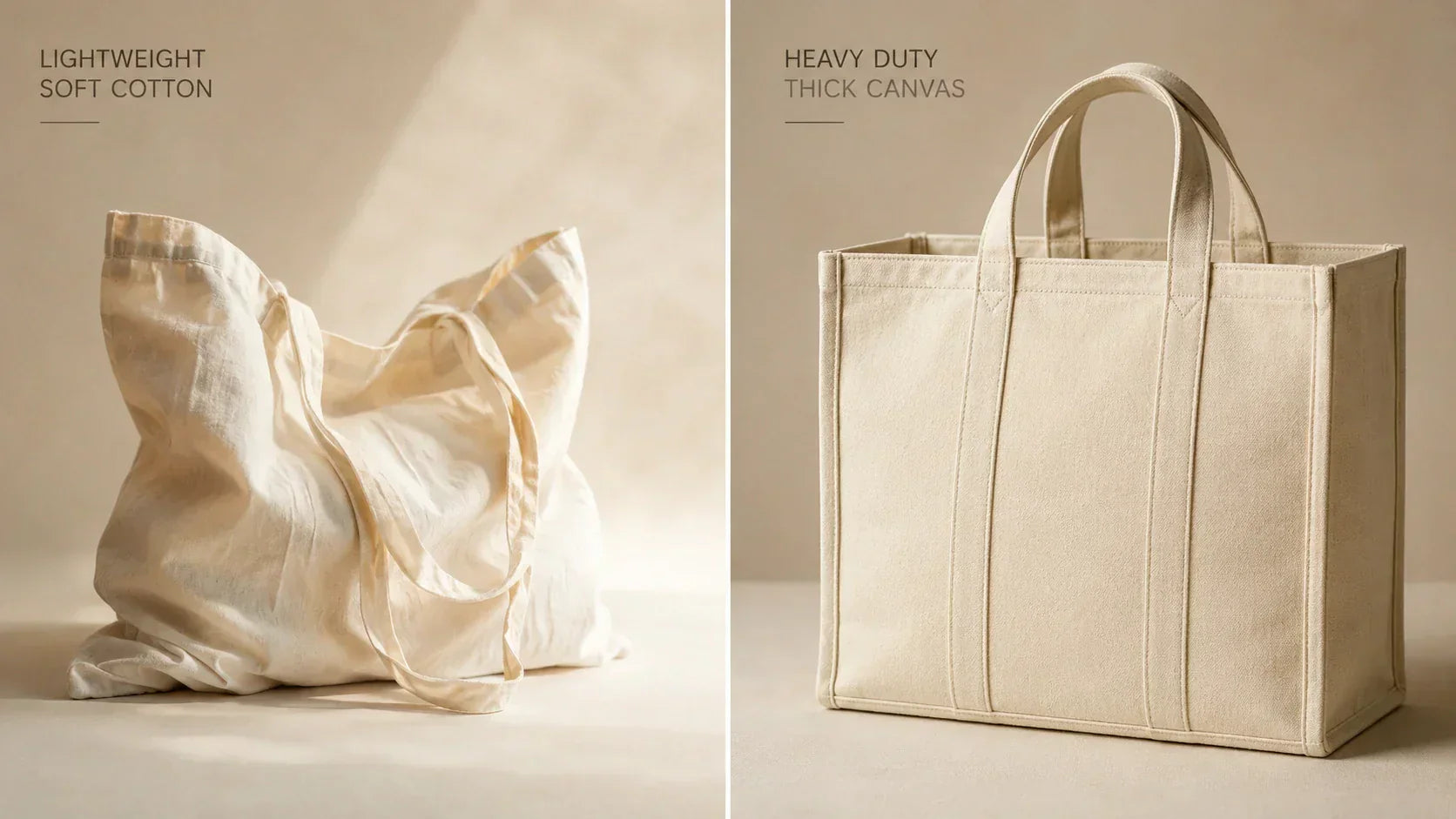 A side-by-side comparison of a soft cotton bag and a rigid, heavy-duty canvas customized tote bag.