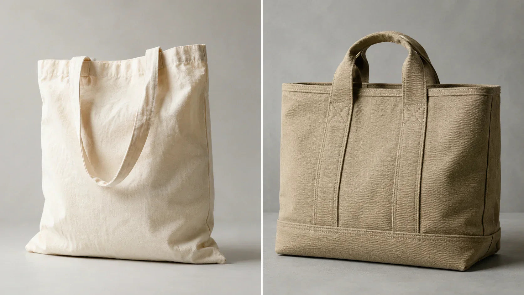A side-by-side comparison of lightweight custom printed cotton bags and heavy-duty canvas tote bags.