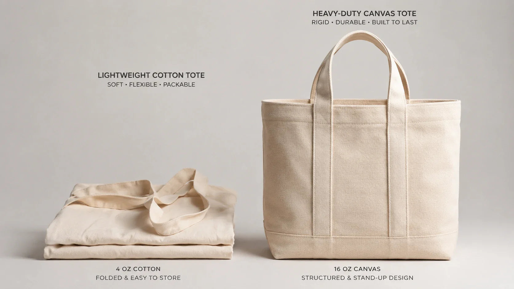 A side-by-side visual comparison of soft cotton and rugged heavy canvas custom tote bags.