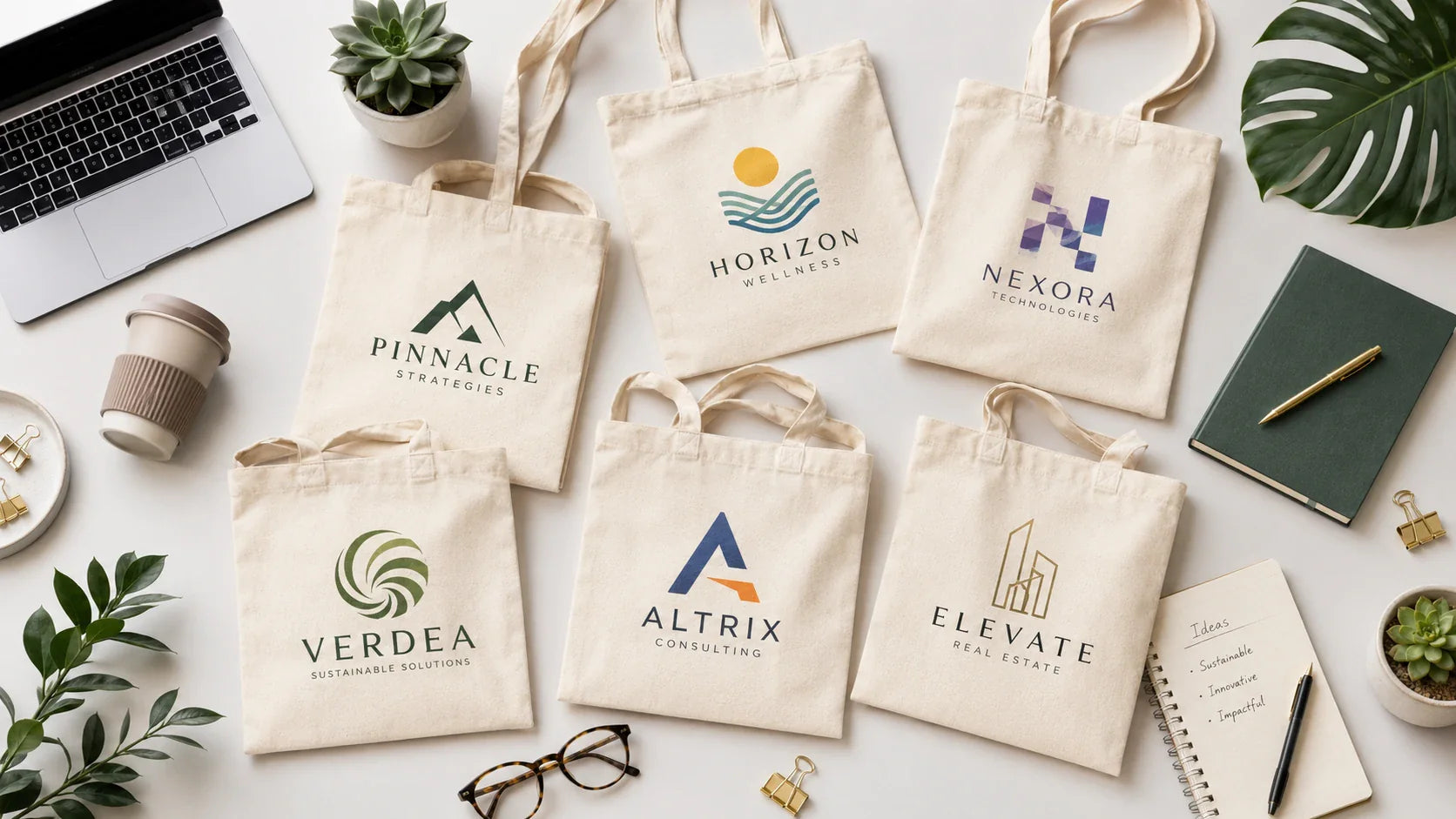 A diverse collection of stylish custom printed cotton bags used for creative brand marketing campaigns.