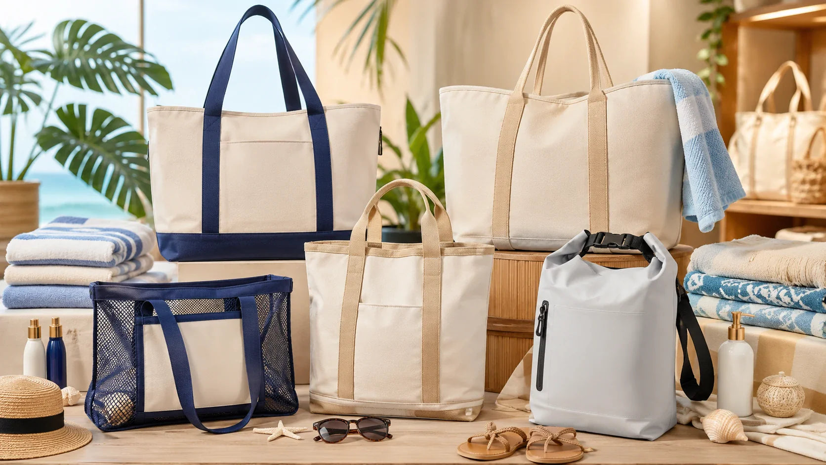 custom beach bags arranged as a profitable summer retail collection
