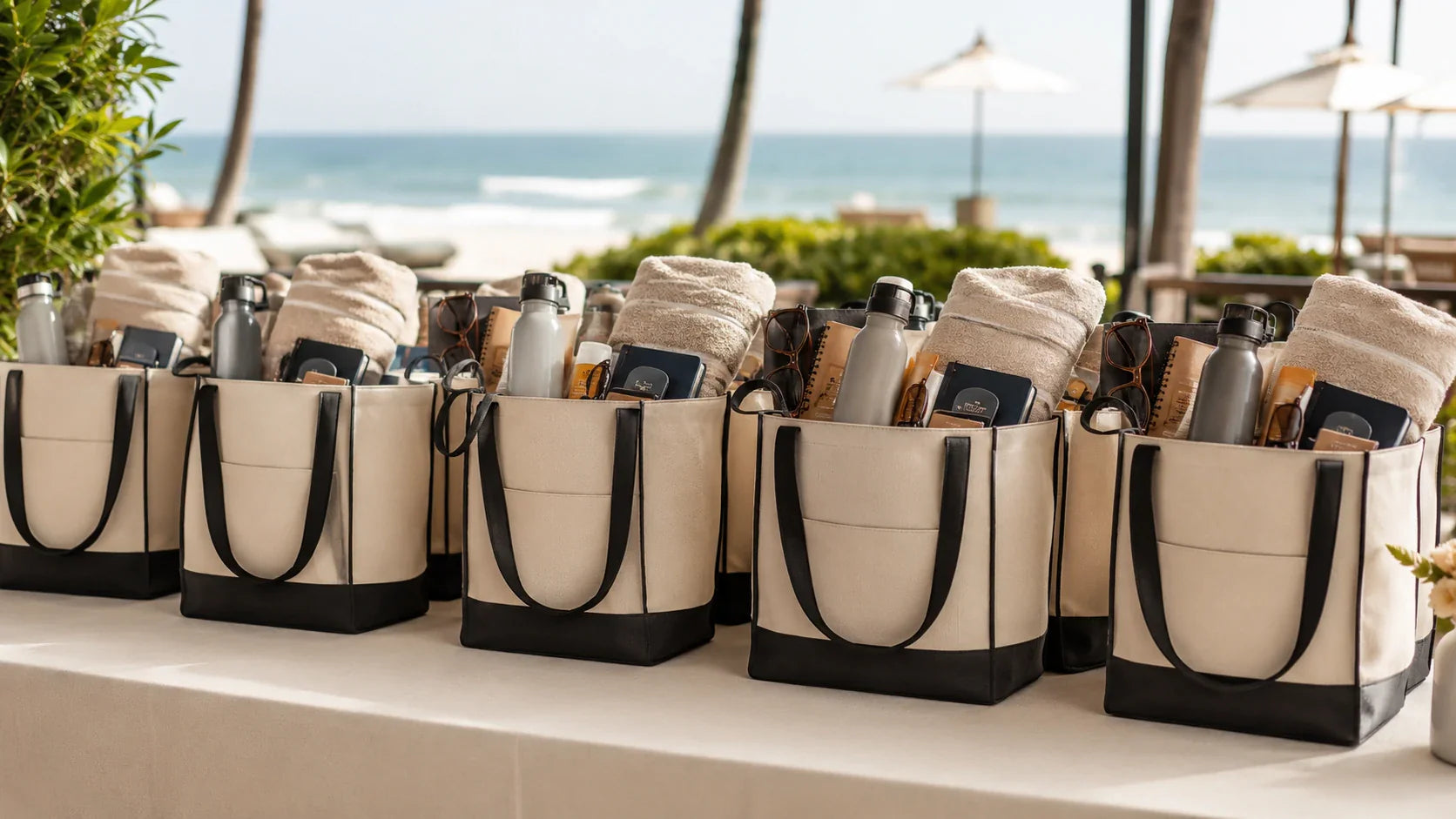 custom beach bags with logo prepared for company retreats