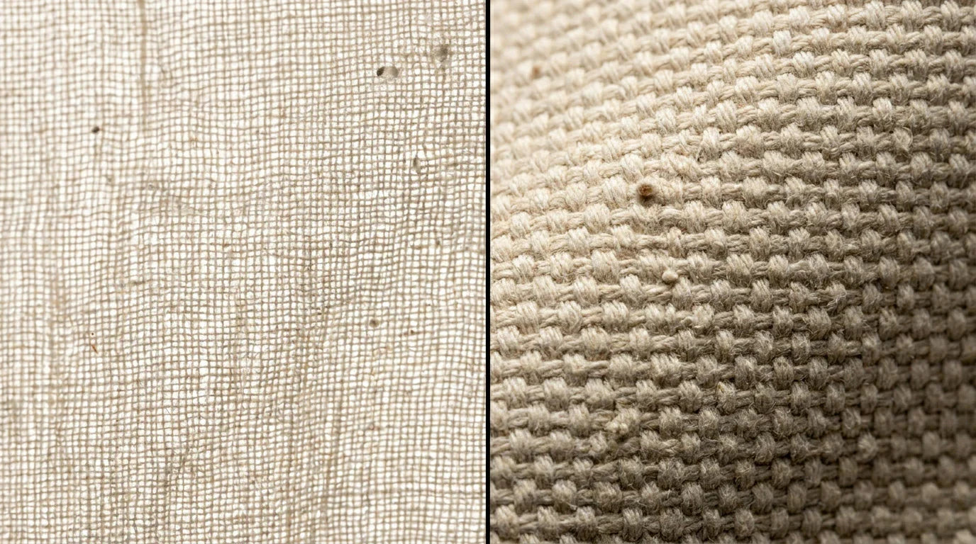 Macro photography comparing the thin weave of standard cotton with the thick, durable weave of custom canvas bags.