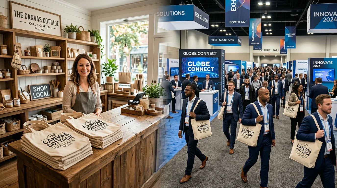 A split-screen style conceptual image showing a small boutique shop and a large corporate event, both utilizing custom canvas tote bags.