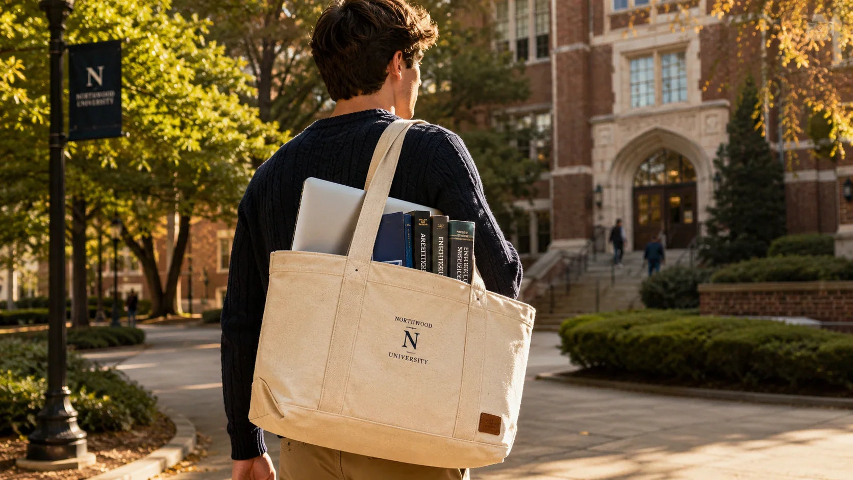 A college student confidently carrying a heavy-duty custom canvas tote bag loaded with heavy textbooks on campus.