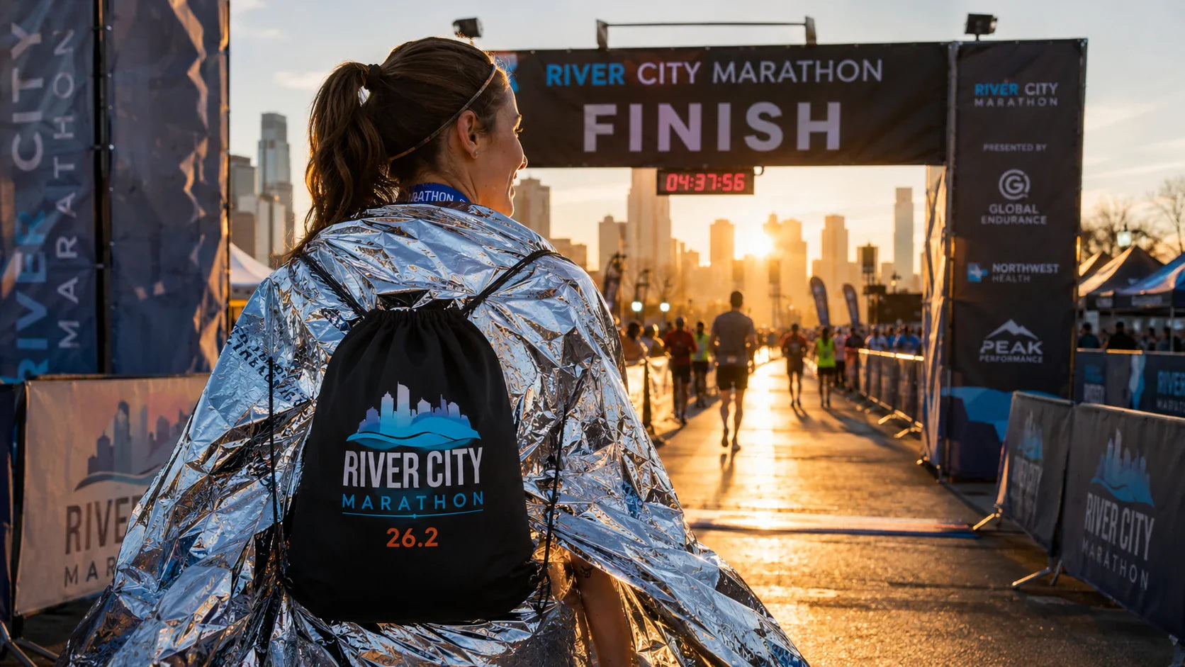 Triumphant marathon runner wearing a custom drawstring backpack at the finish line.
