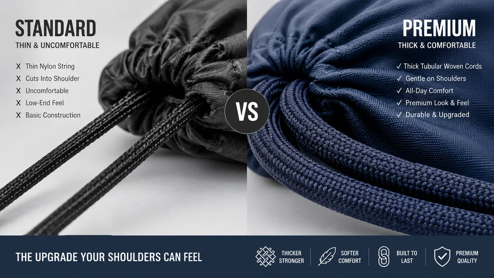 Comparing a poorly designed bag with a perfectly designed custom drawstring bag.