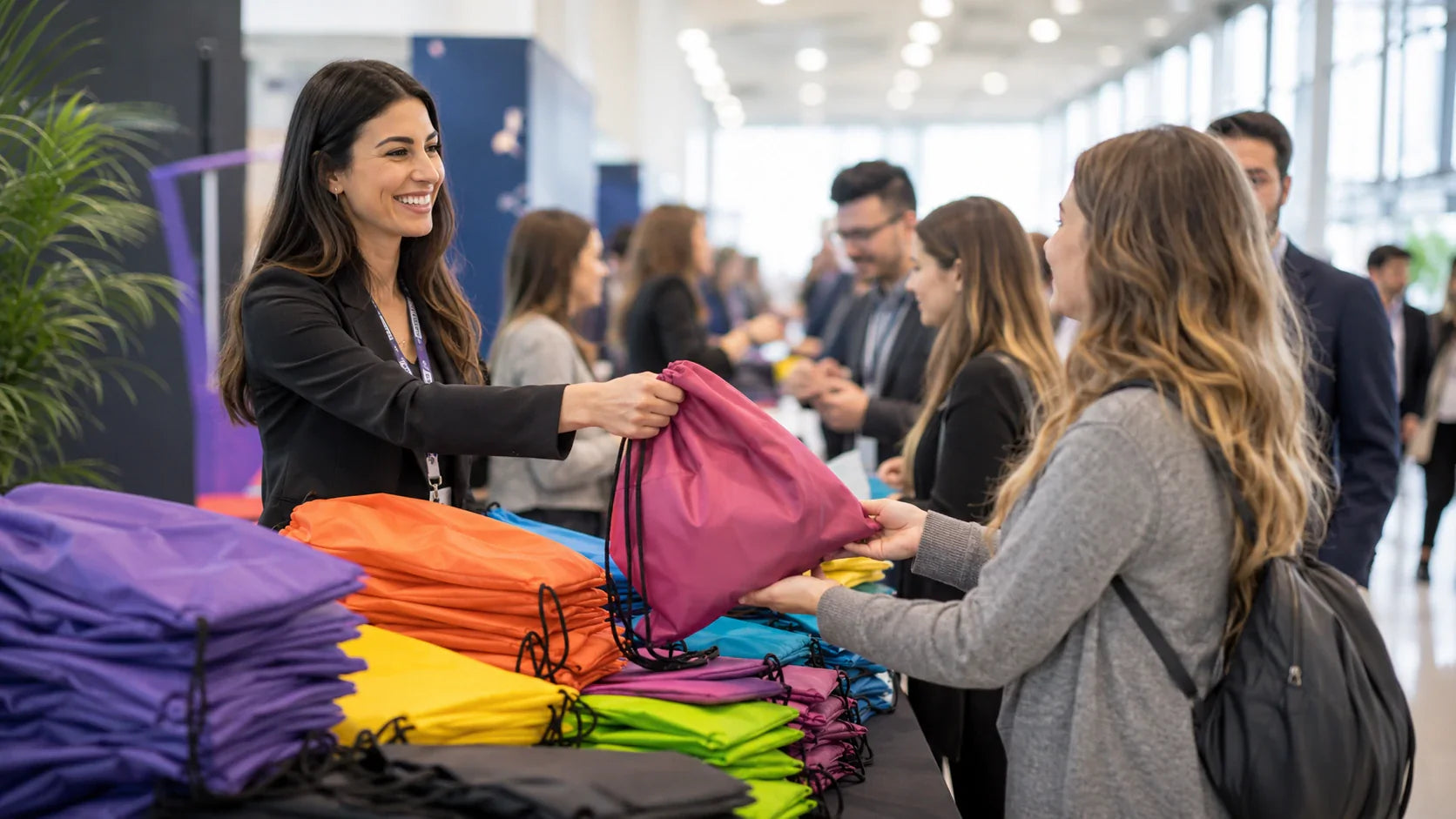 A professional trade show booth handing out custom drawstring bags bulk to event attendees.