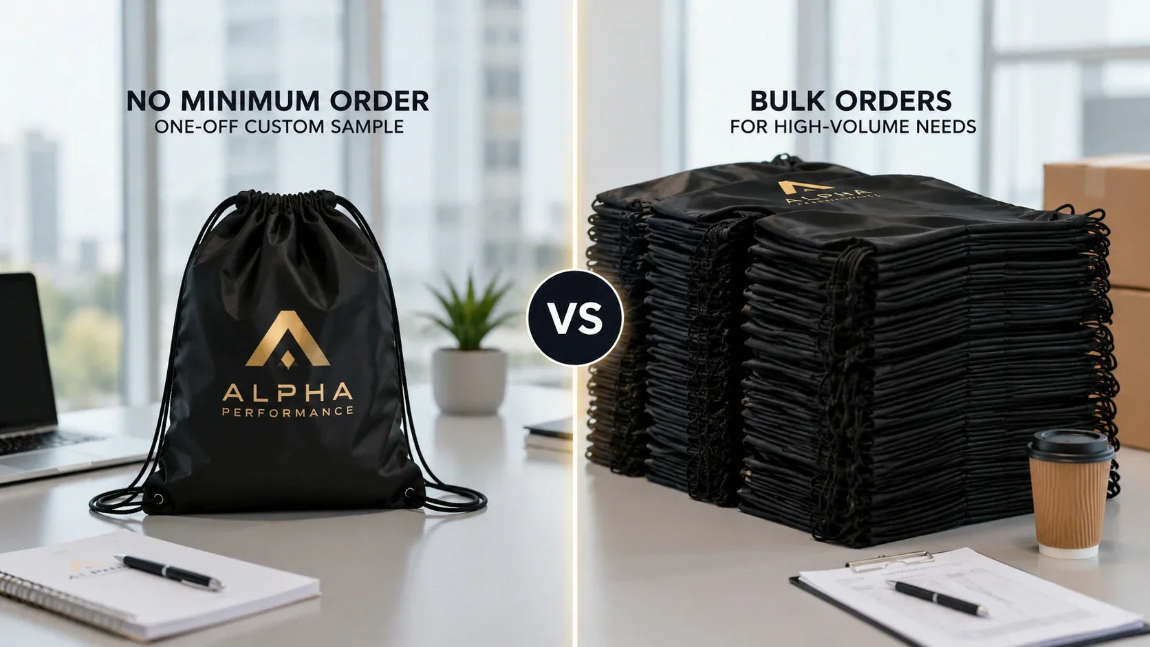 Comparing custom drawstring bags no minimum order versus B2B bulk orders.