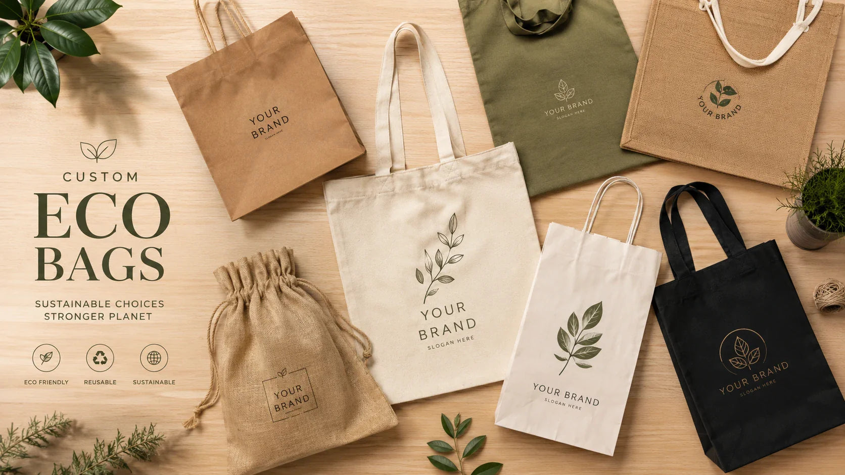 A collection of premium custom eco friendly shopping bags displayed on a wooden surface.
