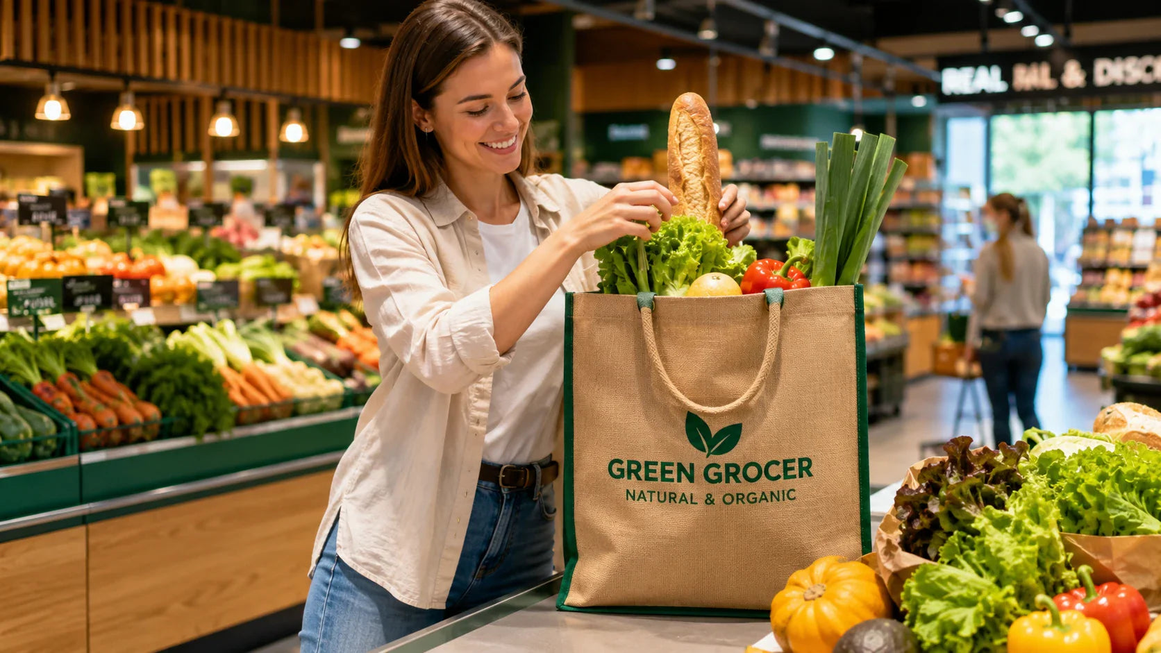 A shopper packing a sturdy custom eco friendly shopping bag with fresh produce at a supermarket.