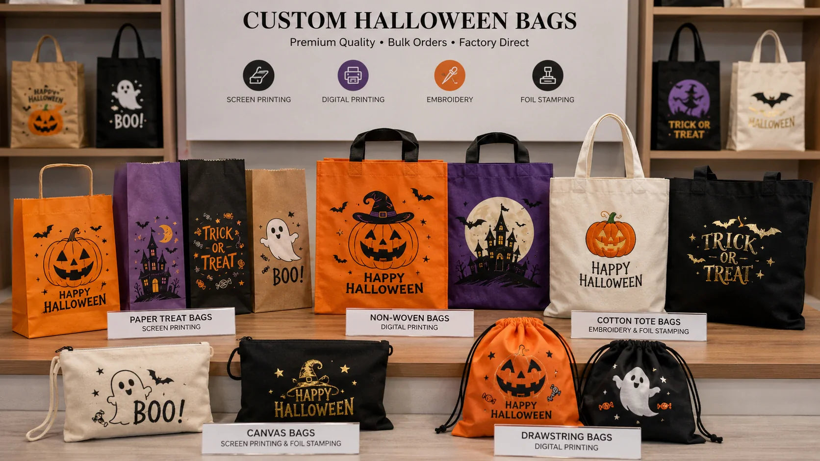 Custom Halloween bag printing methods for bulk seasonal orders