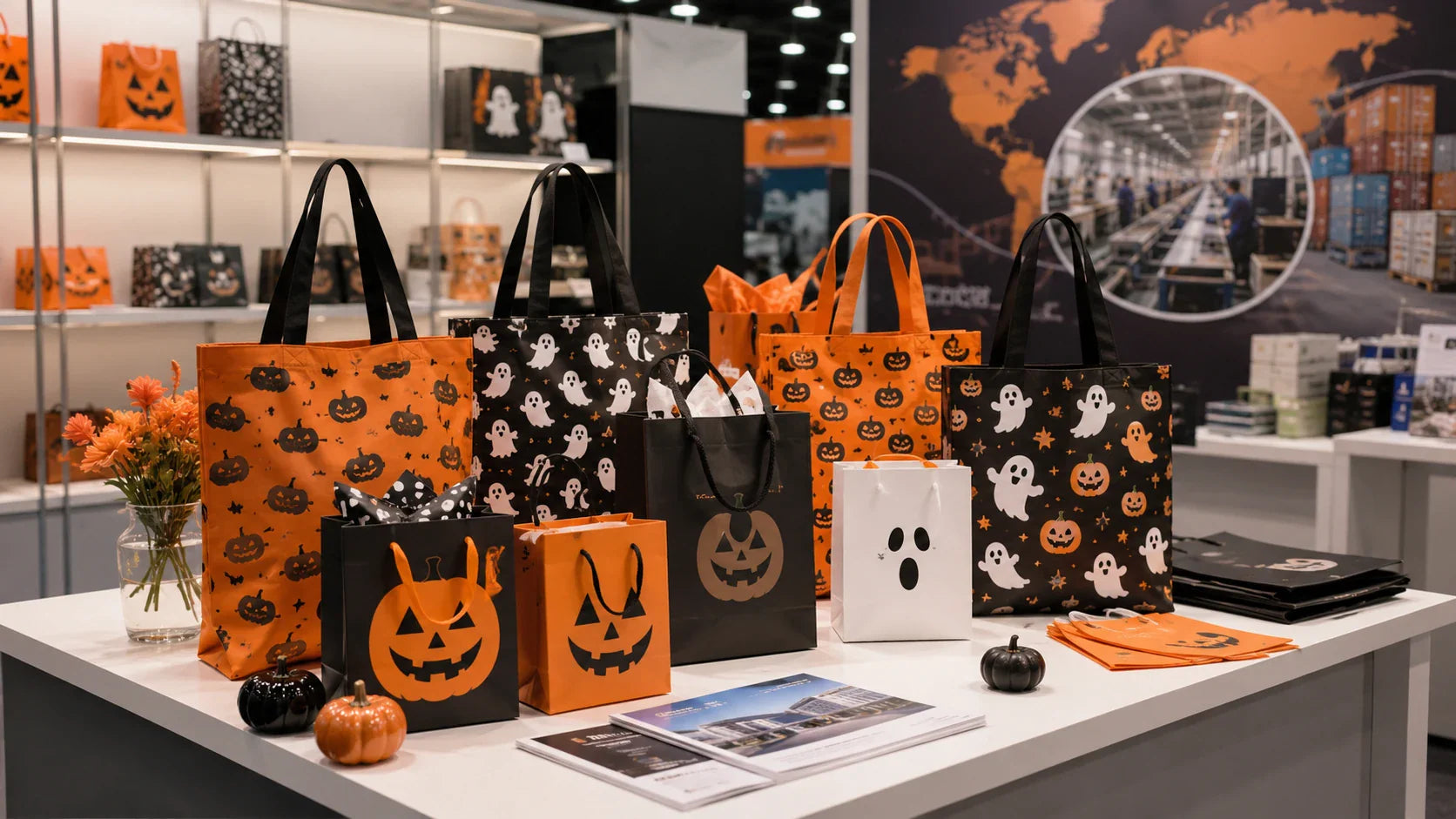 Custom Halloween bags displayed for B2B seasonal promotions