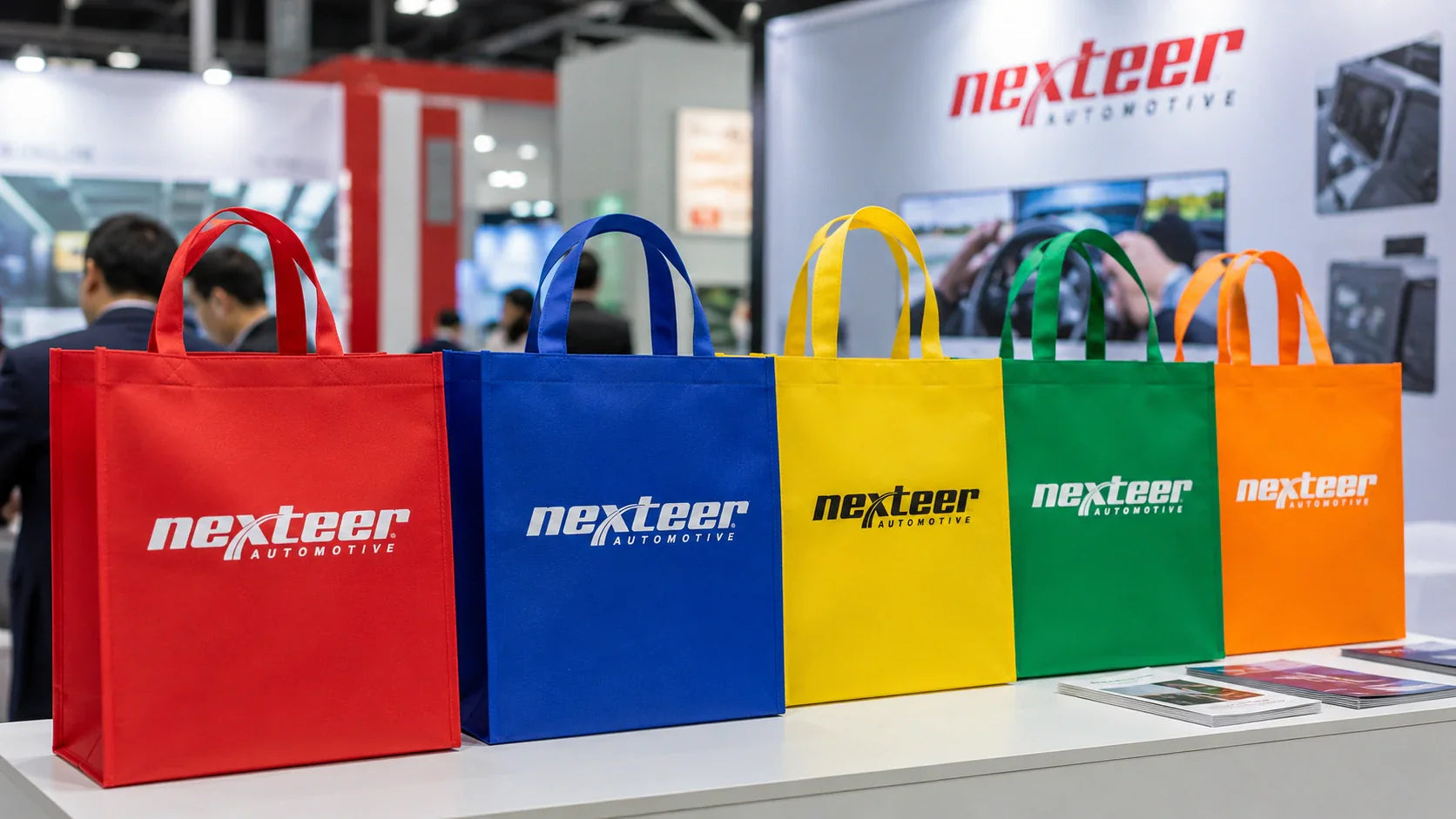 Premium custom non woven tote bags displayed at a corporate trade show.