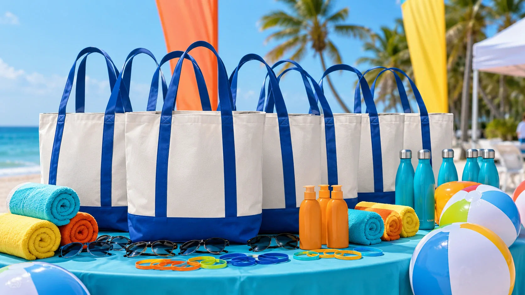 custom printed beach bags displayed at a summer beach event