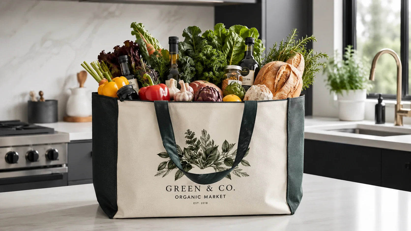 High capacity custom printed grocery tote bags filled with fresh produce