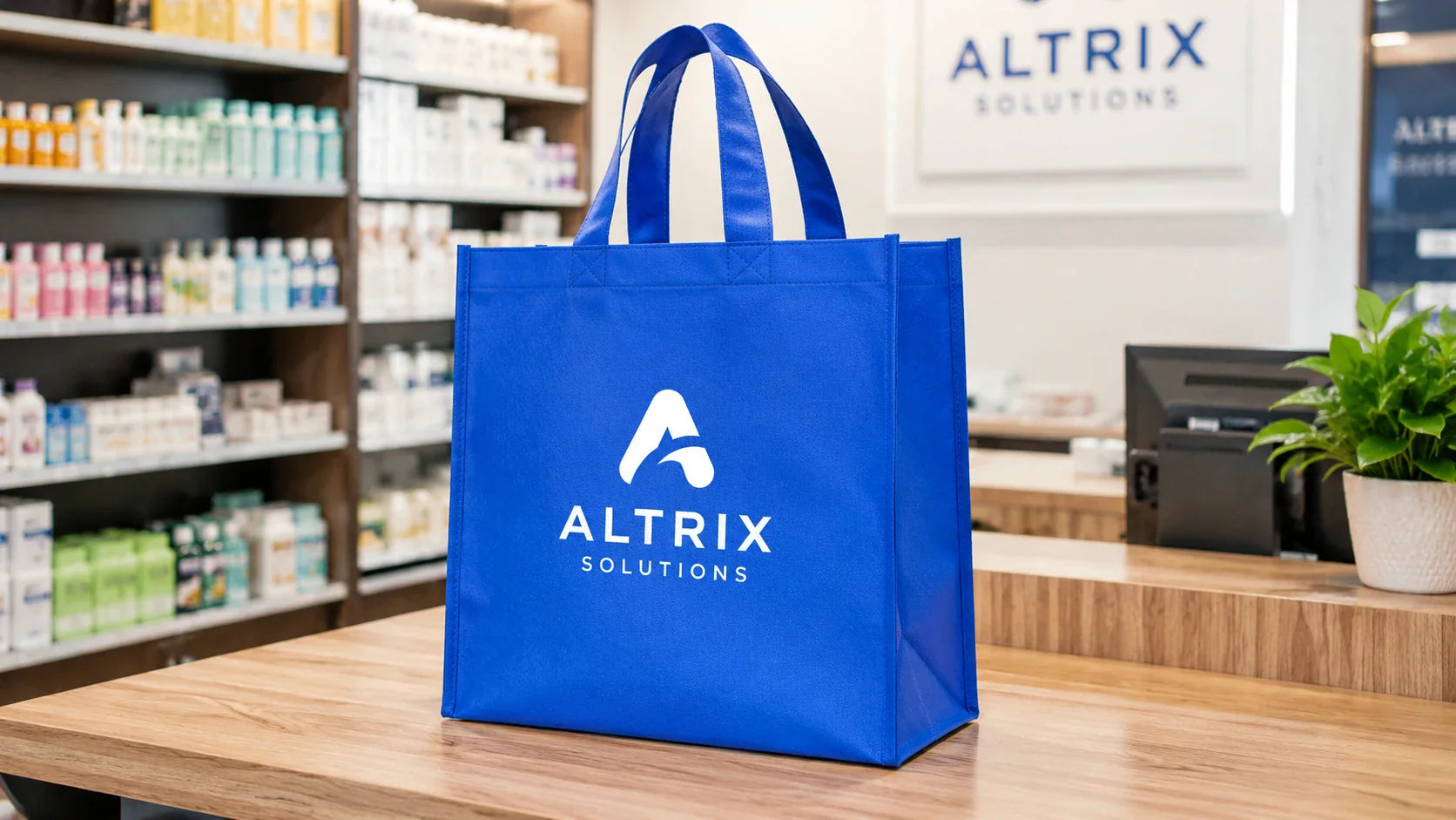 A structured custom printed non woven tote bags with a wide bottom and side gusset.