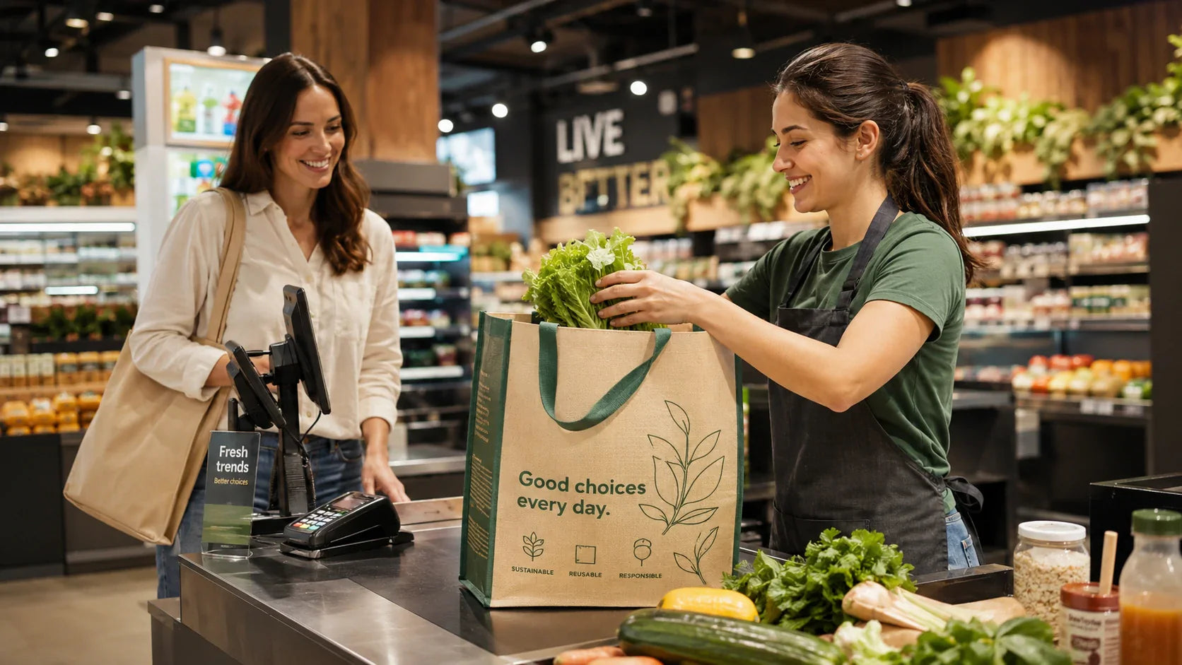 Custom printed reusable shopping bags at a modern retail checkout